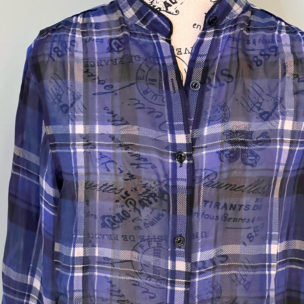 Rag & Bone Byron Button-Front Silk Sheer Chiffon Plaid Blue Black XXS Like New - Picture 8 of 11